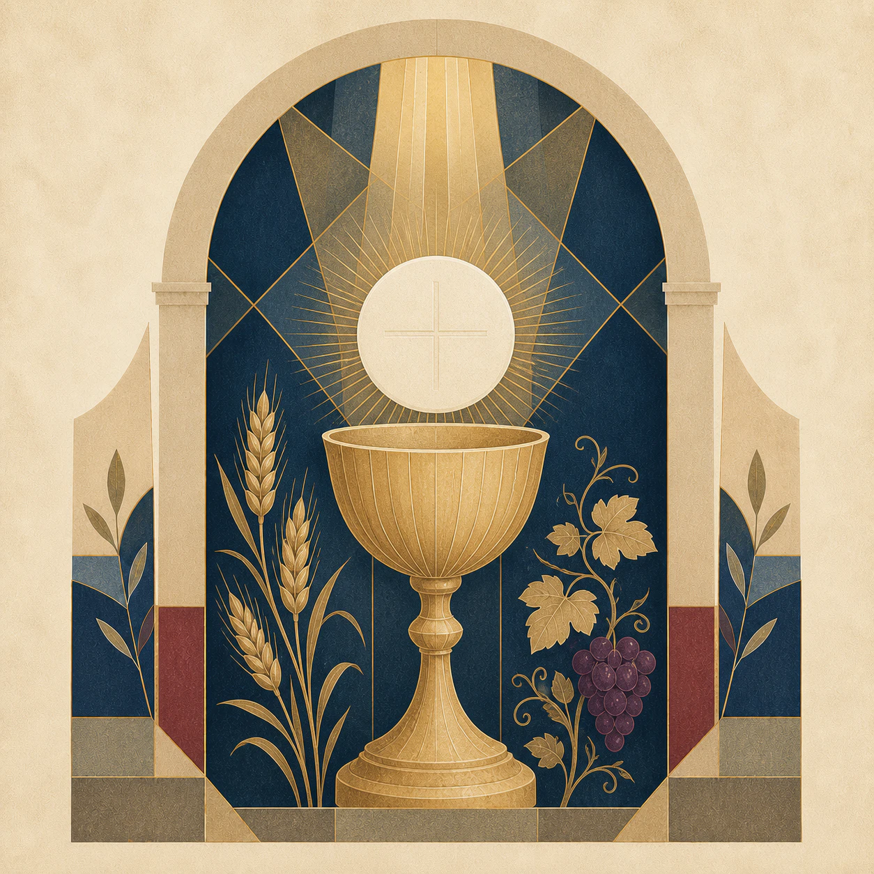 Symbol Eucharystii: kielich, hostia, kłosy i winorośl